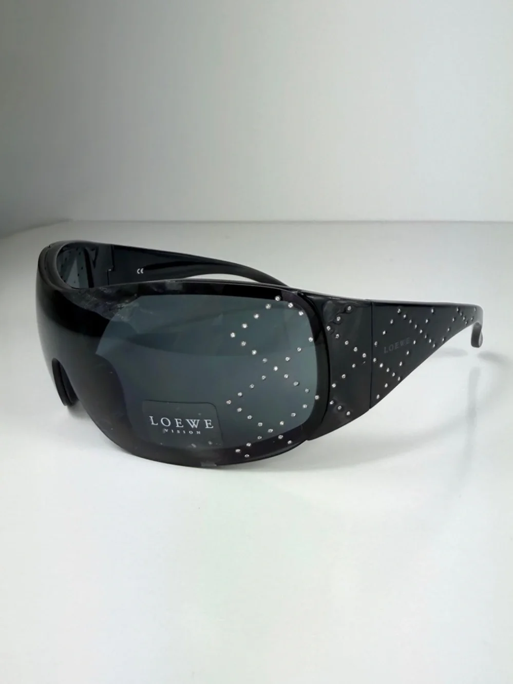 LOEWE SLW583S Z42X Crystal Anagram Shield Sunglasses Black Vtg Y2K Deadstock Set